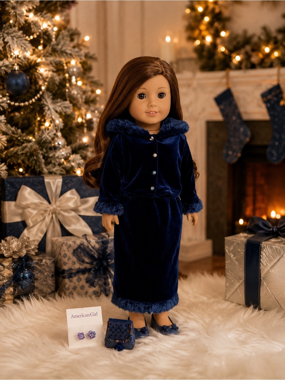 VTG American Girl Doll Elegant Holiday Blue Velvet Faux Fur Trim Top Skirt Purse